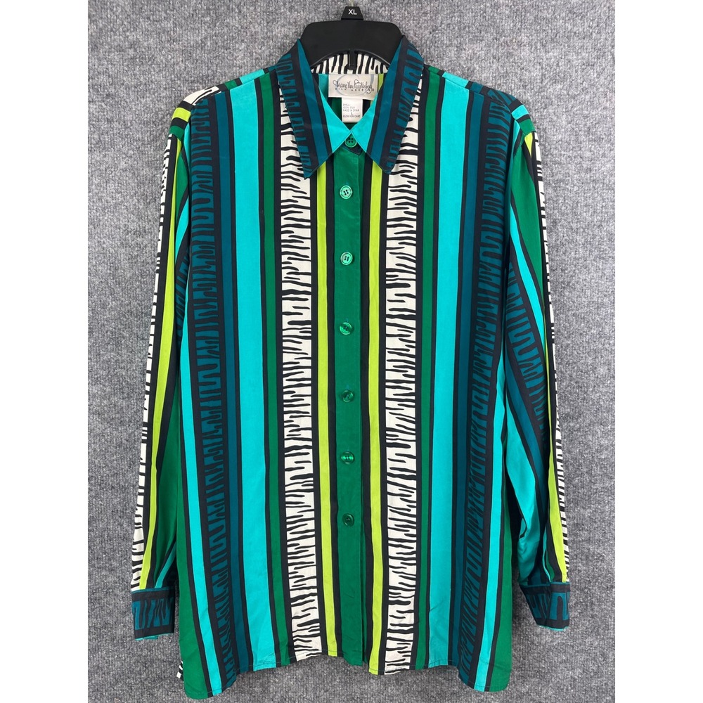 Vintage Diane Von Furstenberg Blouse Women's L Green 100% Silk Zebra Stripe Top